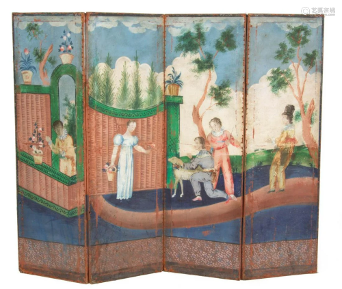 CONTINENTAL PAINTED FOUR-PANEL FOLDING FLOOR SCREEN / ROOM D...
