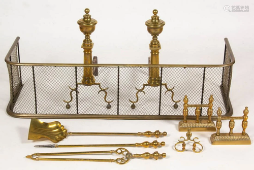 AMERICAN OR BRITISH BRASS AND IRON FIREPLACE GROUPING, LOT O...