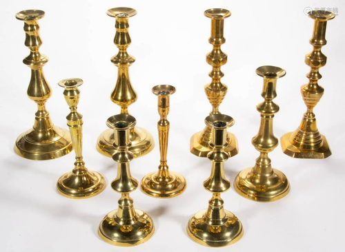 ASSORTED BRASS CANDLESTICKS, LOT OF NINE