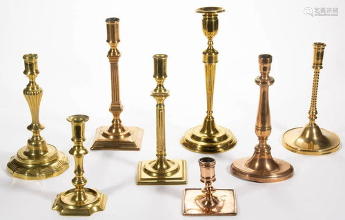 ASSORTED BRASS / COPPER ALLOY CANDLESTICKS, LOT OF EIGHT