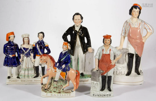 ENGLISH STAFFORDSHIRE HAND-PAINTED CERAMIC FIGURES, LOT OF F...