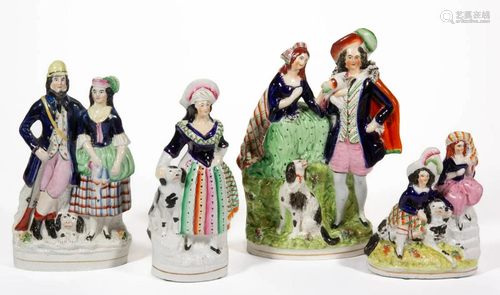 ENGLISH STAFFORDSHIRE HAND-PAINTED CERAMIC FIGURES, LOT OF F...