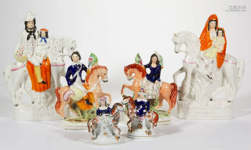 ENGLISH STAFFORDSHIRE HAND-PAINTED CERAMIC FIGURES ON HORSEB...