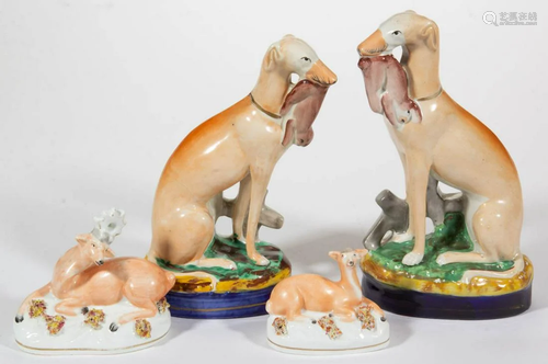 ENGLISH STAFFORDSHIRE HAND-PAINTED CERAMIC ANIMAL FIGURES, L...