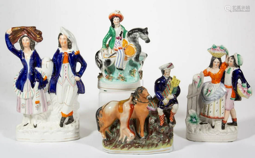 ENGLISH STAFFORDSHIRE HAND-PAINTED CERAMIC FIGURES, LOT OF F...