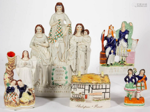 ENGLISH STAFFORDSHIRE HAND-PAINTED CERAMIC FIGURES, LOT OF F...