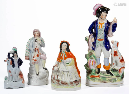 ENGLISH STAFFORDSHIRE HAND-PAINTED CERAMIC FIGURES, LOT OF F...