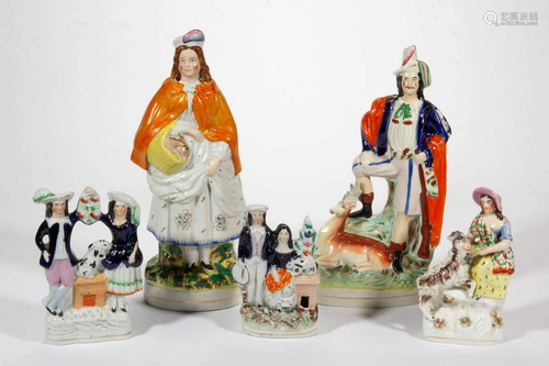 ENGLISH STAFFORDSHIRE HAND-PAINTED CERAMIC FIGURES, LOT OF F...