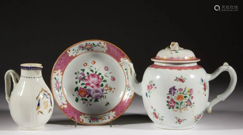 CHINESE EXPORT PORCELAIN HAND-PAINTED TEA ARTICLES, LOT OF T...