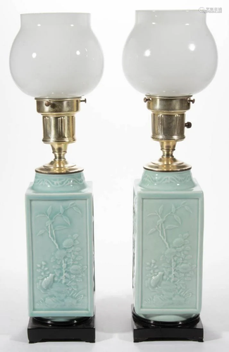 CHINESE CELADON PAIR OF VASES / ELECTRIC TABLE LAMPS