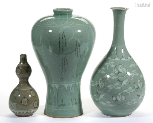 KOREAN CELADON VASES, LOT OF THREE