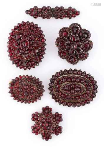 VICTORIAN GARNET BROOCHES / PENDANTS, LOT OF SIX