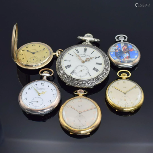 5 open face and 1 hunting cased pocket watches