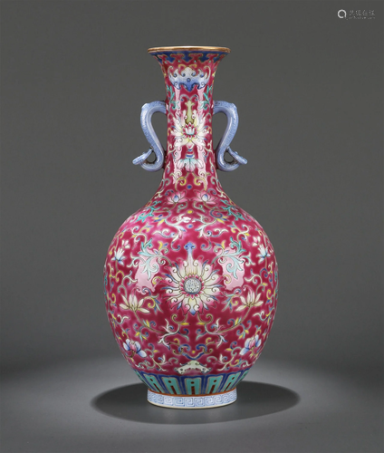 A Chinese Red Glazed Famille-Rose Porcelain Vase