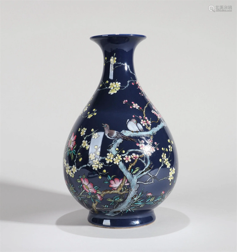 A Chinese Blue Ground Glazed Famille-Rose Porcelain Vase