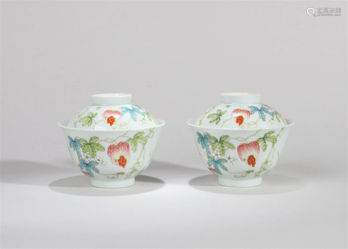 A Pair of Chinese Famille-Rose Porcelain Tea Cups with Lids