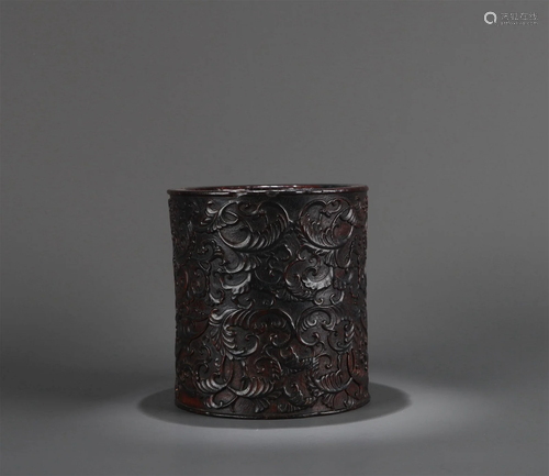 A Chinese Carved Hardwood Brush Pot