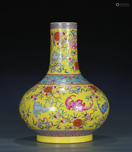 A Chinese Yellow Ground Famille-Rose Porcelain Vase