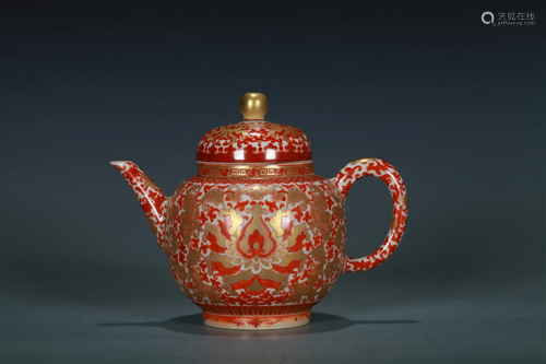 A Chinese Red Ground Glazed Porcelain Tea Pot with Lid