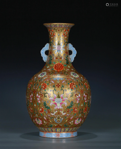 A Chinese Glazed Famille-Rose Porcelain Vase with Double Ear...