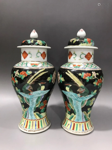 PAIR OF CHINESE INK COLOR WUCAI GLAZED JARS