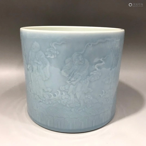 CHINESE BLUE GLAZED BRUSH POT ,KANGXI MARK