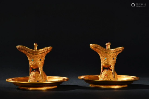 PAIR OF CHINESE GILT BRONZE CUPS WITH STANDS,QIANLONG MARK