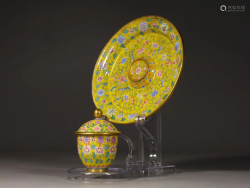CHINESE CLOISONNE CUPS WITH STANDS,QIANLONG MARK