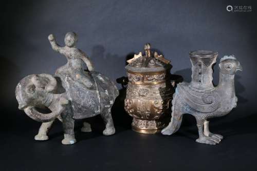 銅蓋爐、銅童子騎象等 共3件