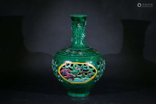 綠釉鏤雕花鳥瓶