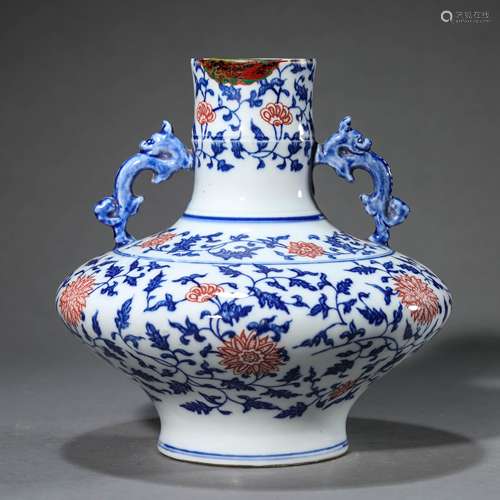 Blue and White Copper-Red-Glazed Double-Eared Vase