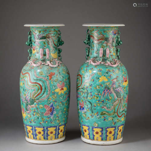 Pair of Turquoise-Ground Flower&Bird Vase