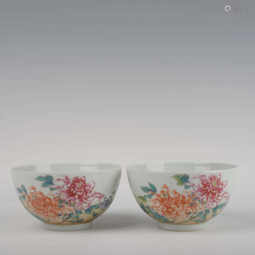 Pair of Inscribed Famille Rose Chrysanthemum Bowls