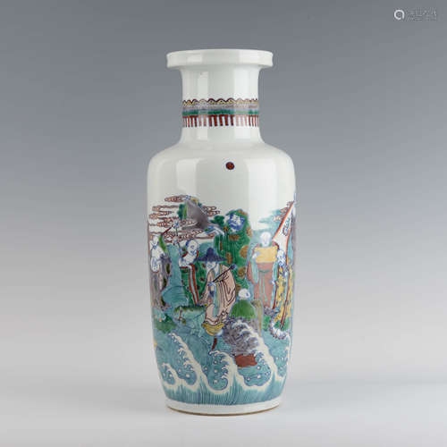 Doucai Glaze Eighteen Arhats Rouleau Vase