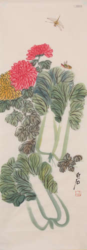 Chinese Cabbage Painting on Paper, Qi Baishi Mark