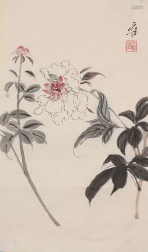 Chinese Peony Painting on Paper, Zhang Daqian Mark