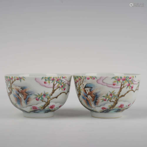 Pair of Famille Rose Longevity&Figures Cups