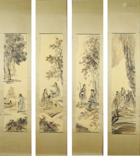 Four Chinese Figure Painting Scrolls, Fu Baoshi Mark
