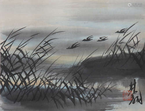 Chinese Autumn Scenery Painting on Paper, Lin Fengmian Mark