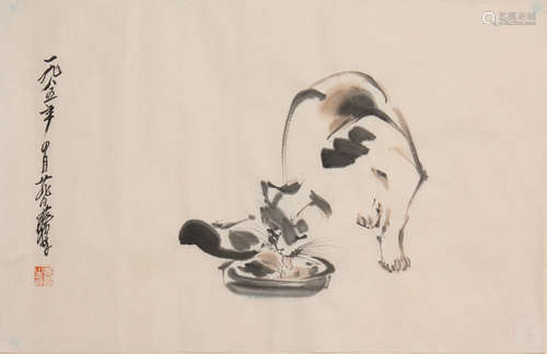 Chinese Cat Painting on Paper, Huang Zhou Mark