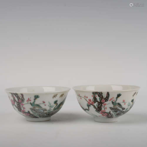 Pair of Famille Rose Phoenix and Flower Bowls