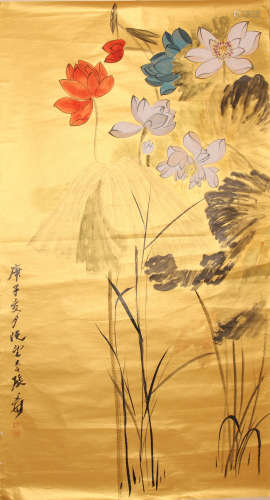 Chinese Lotus Painting on Gilt Paper, Zhang Daqian Mark