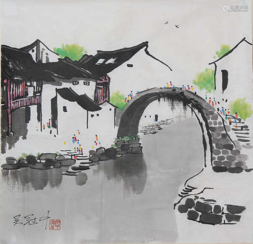 Chinese Waterside Pavilion Painting on Paper, Wu Guanzhong M...