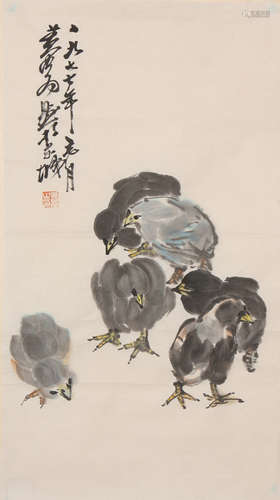 Chinese Chicks Painting on Paper, Huang Zhou Mark