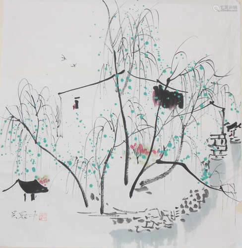 Chinese Waterside Pavilion Painting on Paper, Wu Guanzhong M...