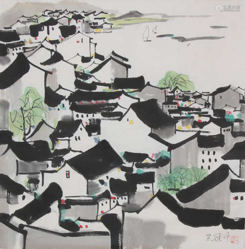 Chinese Waterside Pavilion Painting on Paper, Wu Guanzhong M...