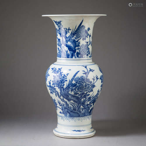 Blue and White Flower and Bird Beaker Vase