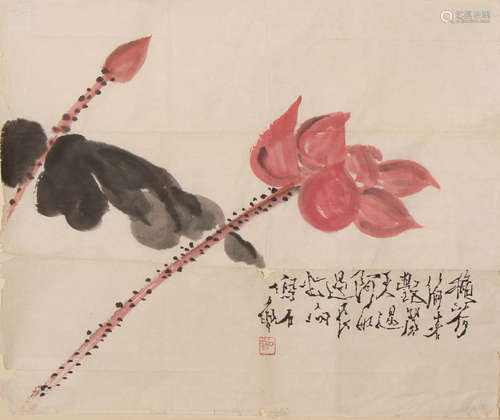 Chinese Red Lotus Painting on Paper, Shi Lu Mark