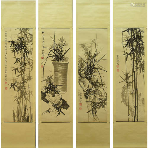 Four Chinese Landscape Painting Scrolls, Zheng Banqiao Mark