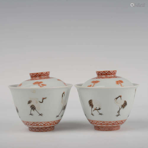 Pair of Famille Rose Crane Cups and Covers